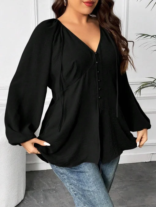 Elegant Plus Size Trumpet Sleeve V-Neck Blouse for Women - Image 3