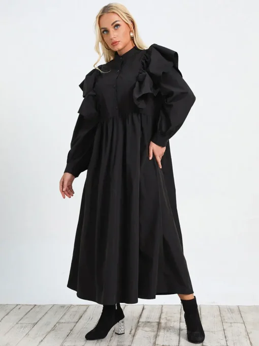 Plus Size Monochrome A-Line Long Sleeve Dress - Image 4