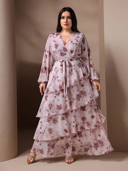 Plus Size V-Neck Floral Print Belted Maxi Dress - Image 4