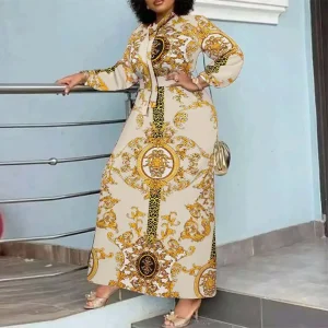 Printed Maxi Dress with Stand Collar and Belt for Summer