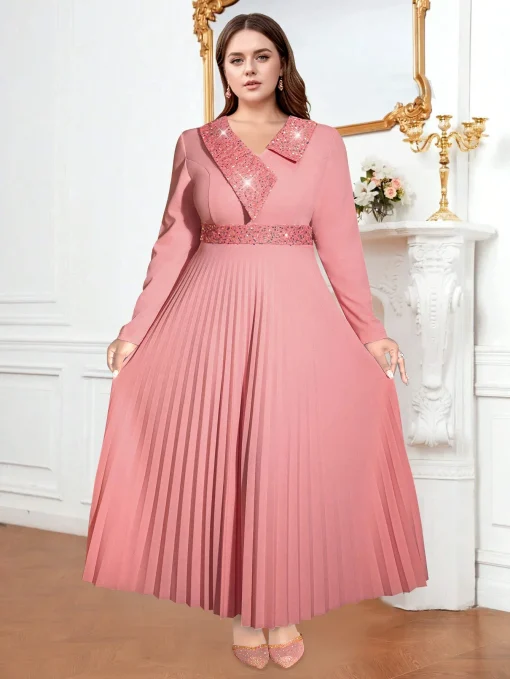 Aomei Maxi Pleated Sequined Long Sleeve High Waist Dress