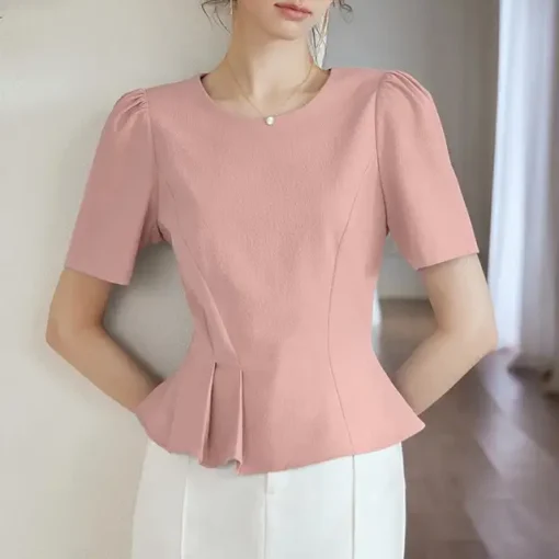 Elegant Summer Office Blouse with Short Puff Sleeves - Image 9