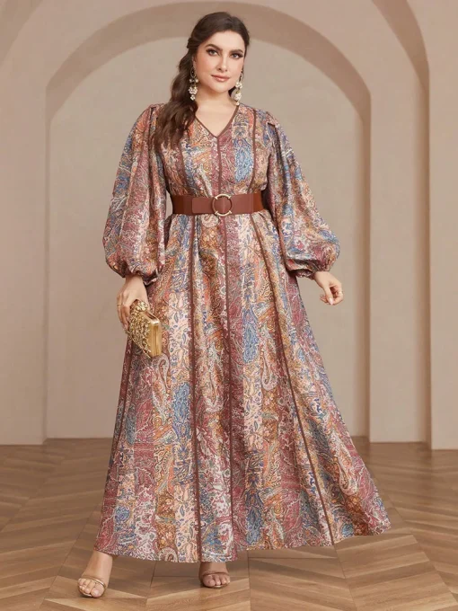 Plus Size Bohemian Belted Lantern Sleeve Paisley Print Dress