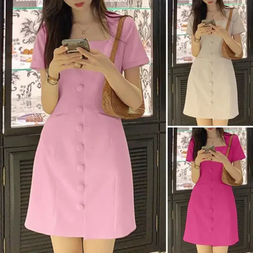 Summer Mini Dress Women Elegant Office Sundress Short Sleeve