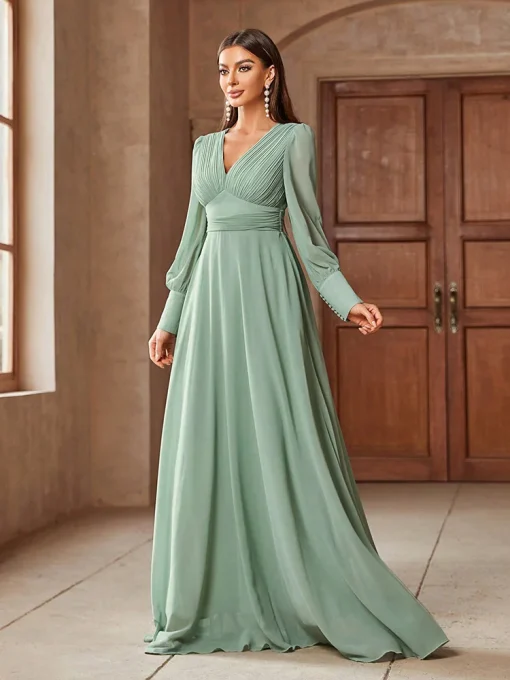 Luxury Elegant V-Neck Solid Color Long Sleeve Evening Dress - Image 2