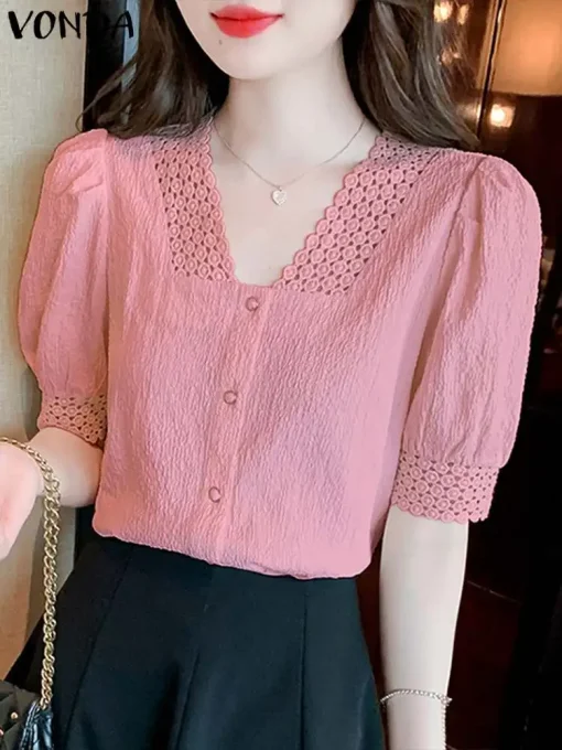 Women's Lace V-Neck Short Puff Sleeve Top - Image 3