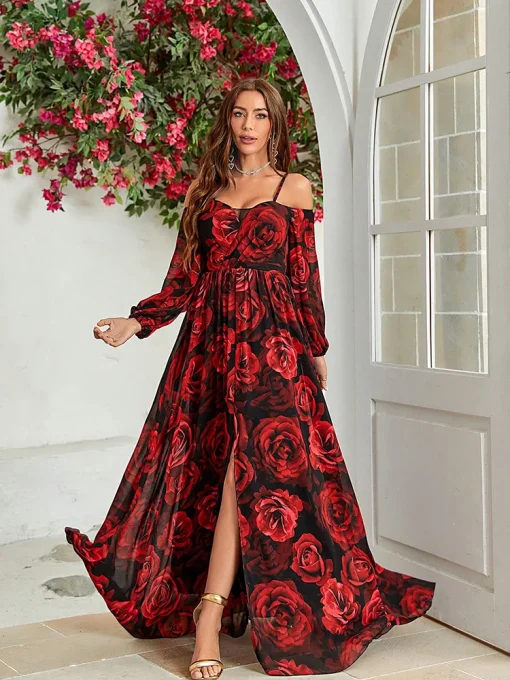 Bohemian Floral Cold Shoulder Maxi Dress with Split Thigh - Image 3