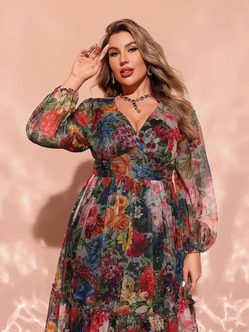 Elegant V-Neck Floral Print Plus Size Maxi Party Dress - Image 3