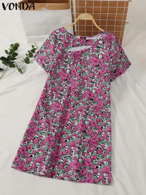 Women Summer Short Sleeve Floral Printed Mini Sundress - Image 2