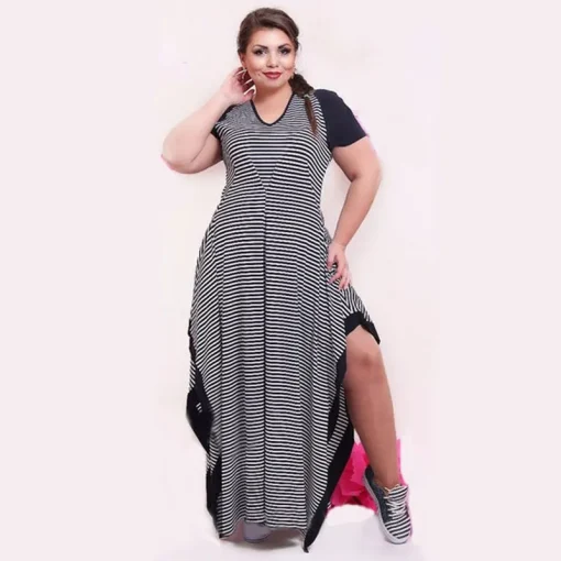 Plus Size Black and White Stripe Split Dress Women