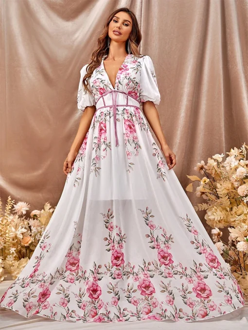 Women’s Floor-Length Floral Pleated High-Waist Elegant Dress