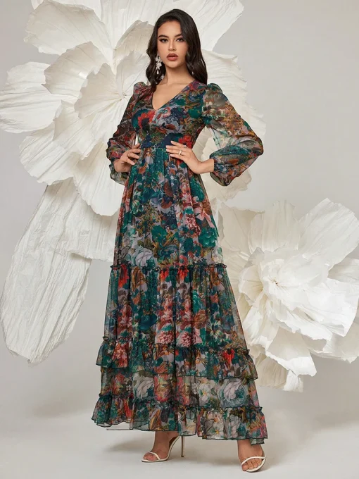 Vintage Floral Print Long Sleeve Frill Trim Boho Maxi Dress - Image 5