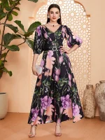 Women's Boho Print Floor-Length Dress with Lantern Sleeves