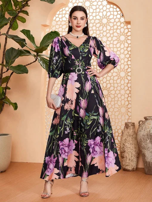 Women's Boho Print Floor-Length Dress with Lantern Sleeves