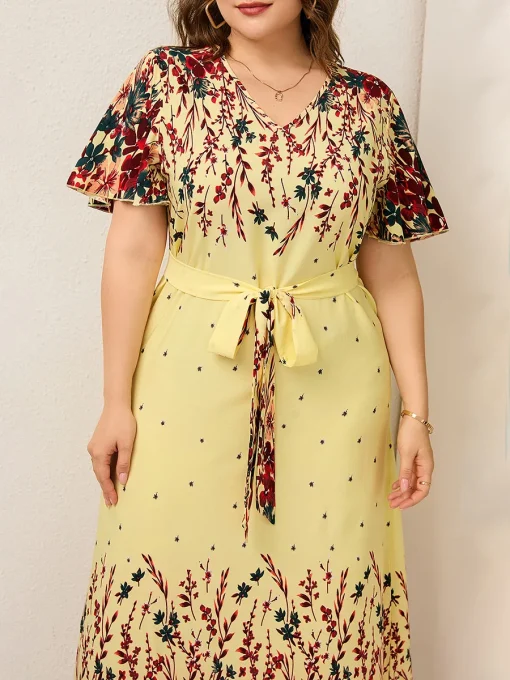 Elegant Plus Size Floral V-Neck Short Sleeve Summer Dress - Image 4