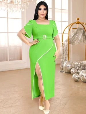 Elegant Green High Split Party Dress with Ruffle Sleeves