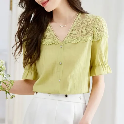 Women’s Elegant Lace Puff Sleeve Office Blouse - Image 5