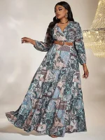 Bohemian Plus Size Lantern Sleeve Patchwork Print Long Dress