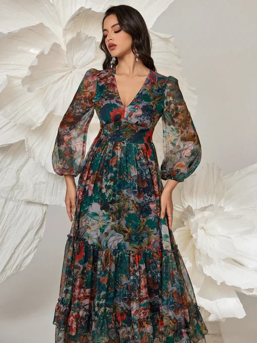 Vintage Floral Print Long Sleeve Frill Trim Boho Maxi Dress - Image 3