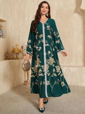 Women’s Vintage V-Neck Floor-Length Green Dress