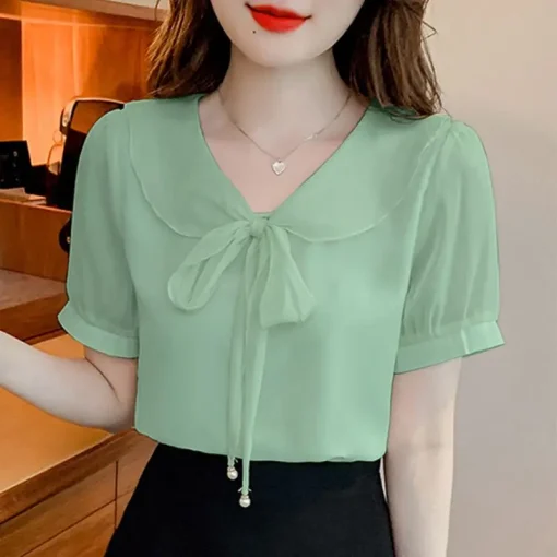 Elegant Short Puff Sleeve Bow Tie Summer Blouse - Image 5