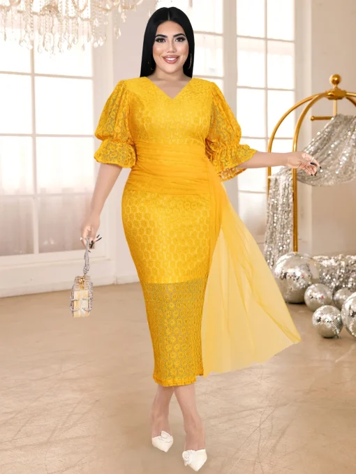 Elegant Yellow Lace Bodycon Dress with Bubble Sleeves