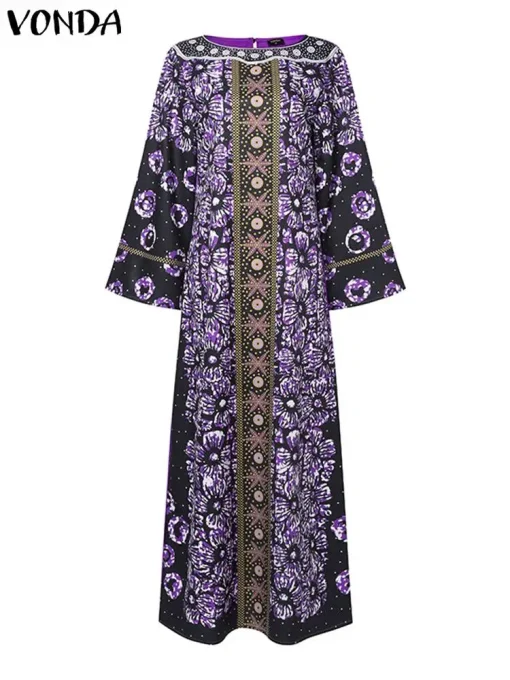 Vintage Floral Printed Maxi Dress with Flare Sleeves - Image 4