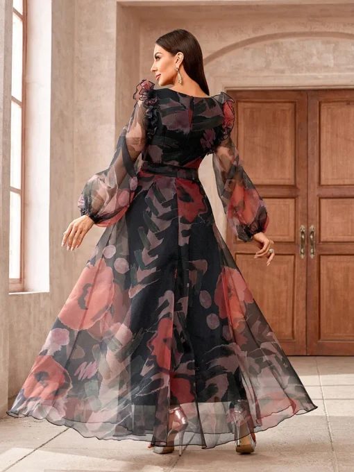 Floral Printed Lantern Sleeve Long Dress with Ruffled Hem - Image 2