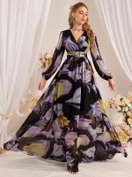 V-Neck Lantern Sleeve Floral Print Party Swing Dress