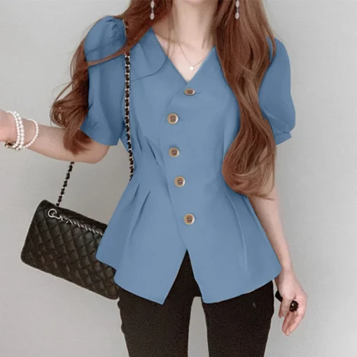 Elegant Summer Peplum Blouse with Puff Sleeves