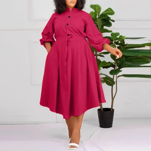 Plus Size Elegant Midi Dress with Long Lantern Sleeves - Image 5