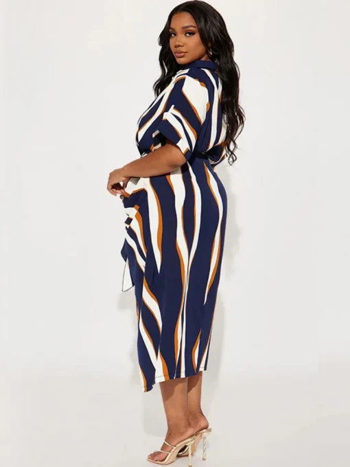 Plus Size Elegant Bohemian Stripe Print Midi Dress - Image 2