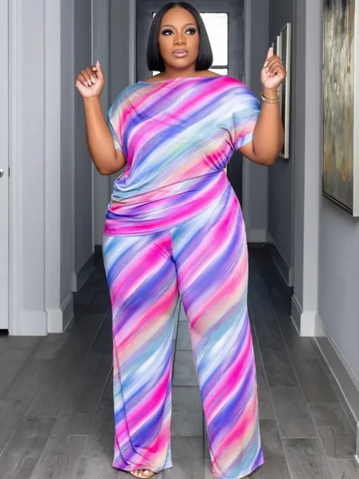 Plus Size Summer Matching Print Top and Pants Set - Image 3