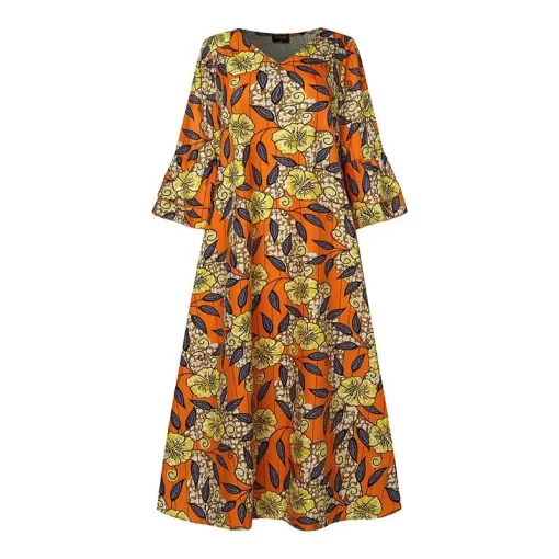 Women Bohemian Floral Printed Maxi Dress V-Neck Long Sleeve