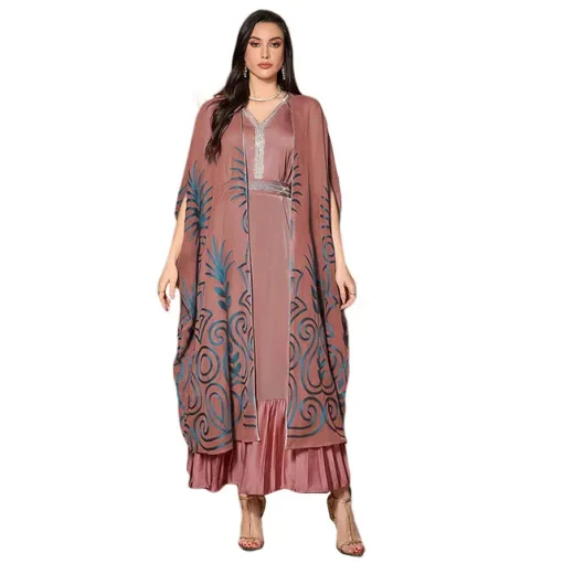 Elegant Pleated Print Two-Piece Ankle-Length Muslim Dress - Image 7