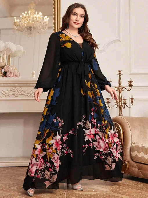 Plus Size Casual Elegant Floral Print Lantern Sleeve Maxi Dress - Image 4