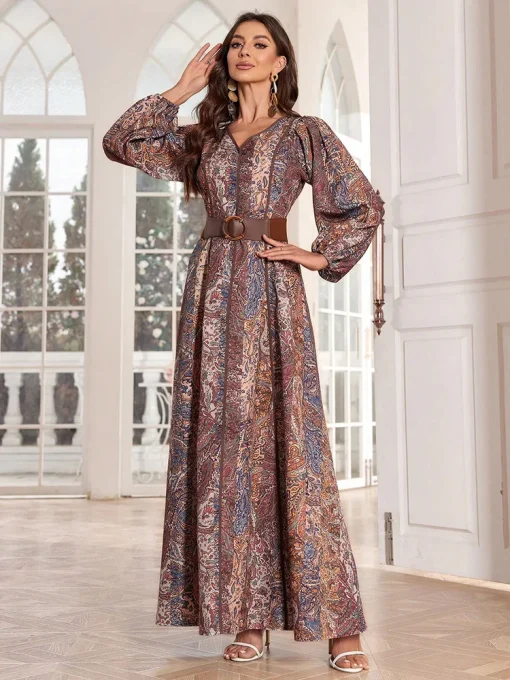 Elegant Arab Style Lantern Sleeve Caftan Paisley Print Dress - Image 4