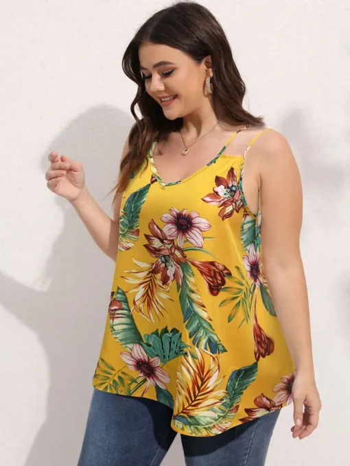 Plus Size Sunflower Print Pleated Loose Summer Tank Top - Image 4