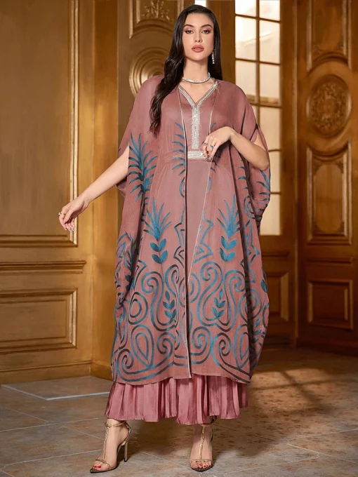 Elegant Pleated Print Two-Piece Ankle-Length Muslim Dress - Image 4