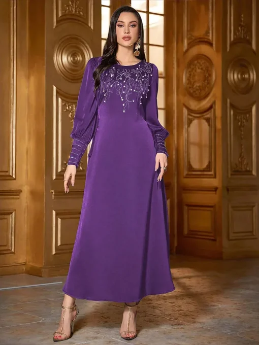 Women's Ankle-Length Beaded Dress with Flared Sleeves