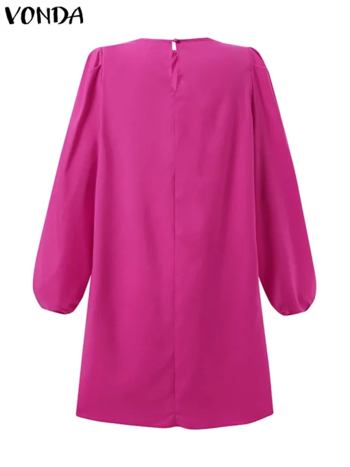 Elegant Summer Solid Color Dress with Puff Sleeves - Image 3