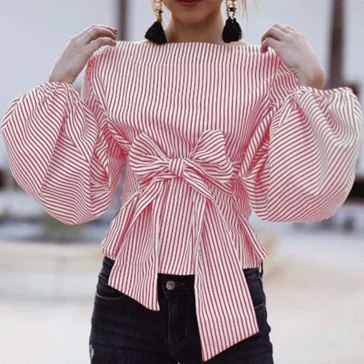 Plus Size Long Sleeve Striped Blouse for Women - Image 6