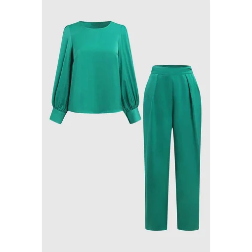 Plus Size Green Satin Wide-Leg Pants Set with Lantern Sleeves - Image 4