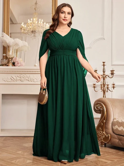 Luxury V-Neck Solid Dress with Embellished Waistband for Plus Size