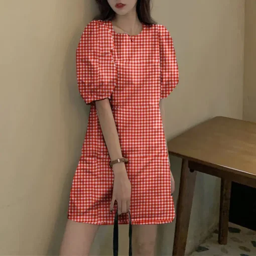 Women Plaid Mini Dress Vintage Printed Puff Sleeve Sundress