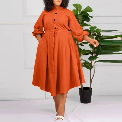 Plus Size Elegant Midi Dress with Long Lantern Sleeves