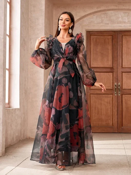 Floral Printed Lantern Sleeve Long Dress with Ruffled Hem - Image 6