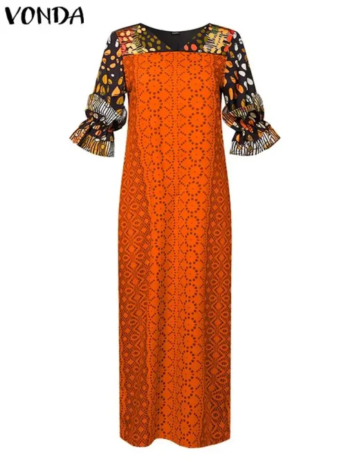 Plus Size Bohemian Printed Maxi Dress Flare Sleeve Sundress - Image 2