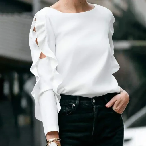 Plus Size Elegant Ruffled Blouse with Long Sleeves