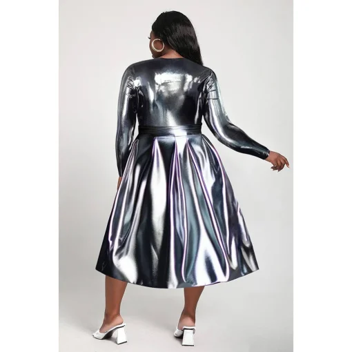 Plus Size Casual Silver Glitter Long Sleeve Midi Dress - Image 2